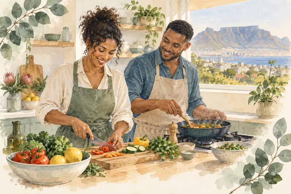 Watercolour of a couple cooking together in a sunny kitchen, chopping vegetables and stirring a pan, with Table Mountain through the window.