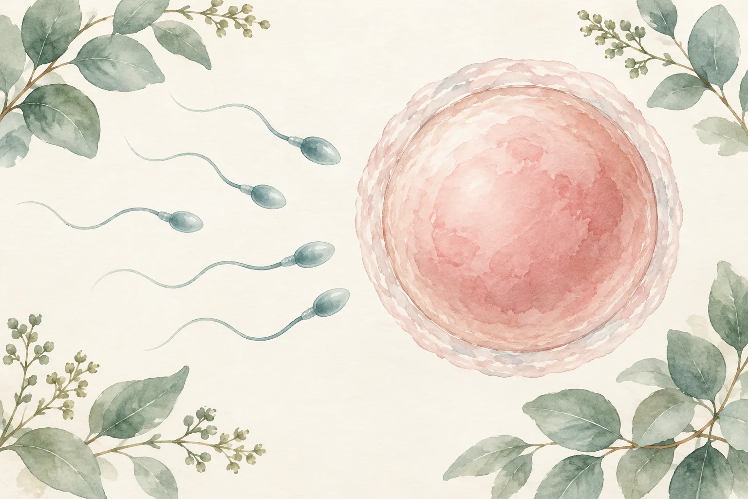 Watercolour concept of small sperm cells approaching a large egg cell, framed by eucalyptus leaves (not to scale)