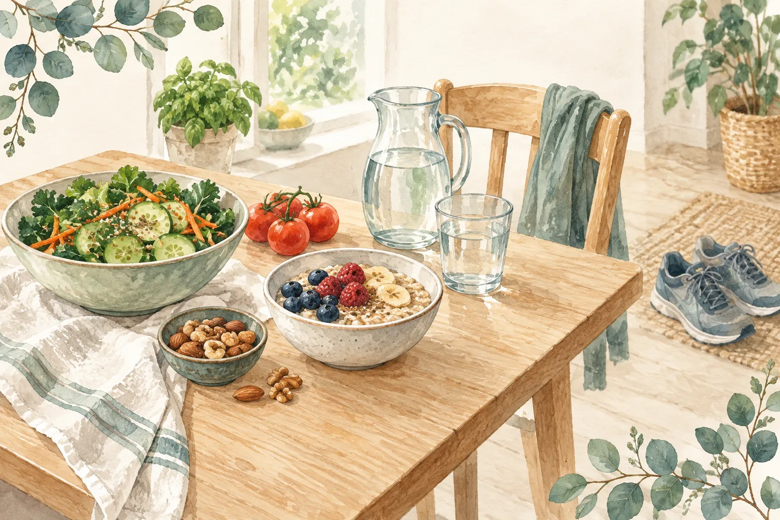 A kitchen table with a salad, tomatoes, oats with berries, nuts, a jug of water and walking shoes nearby