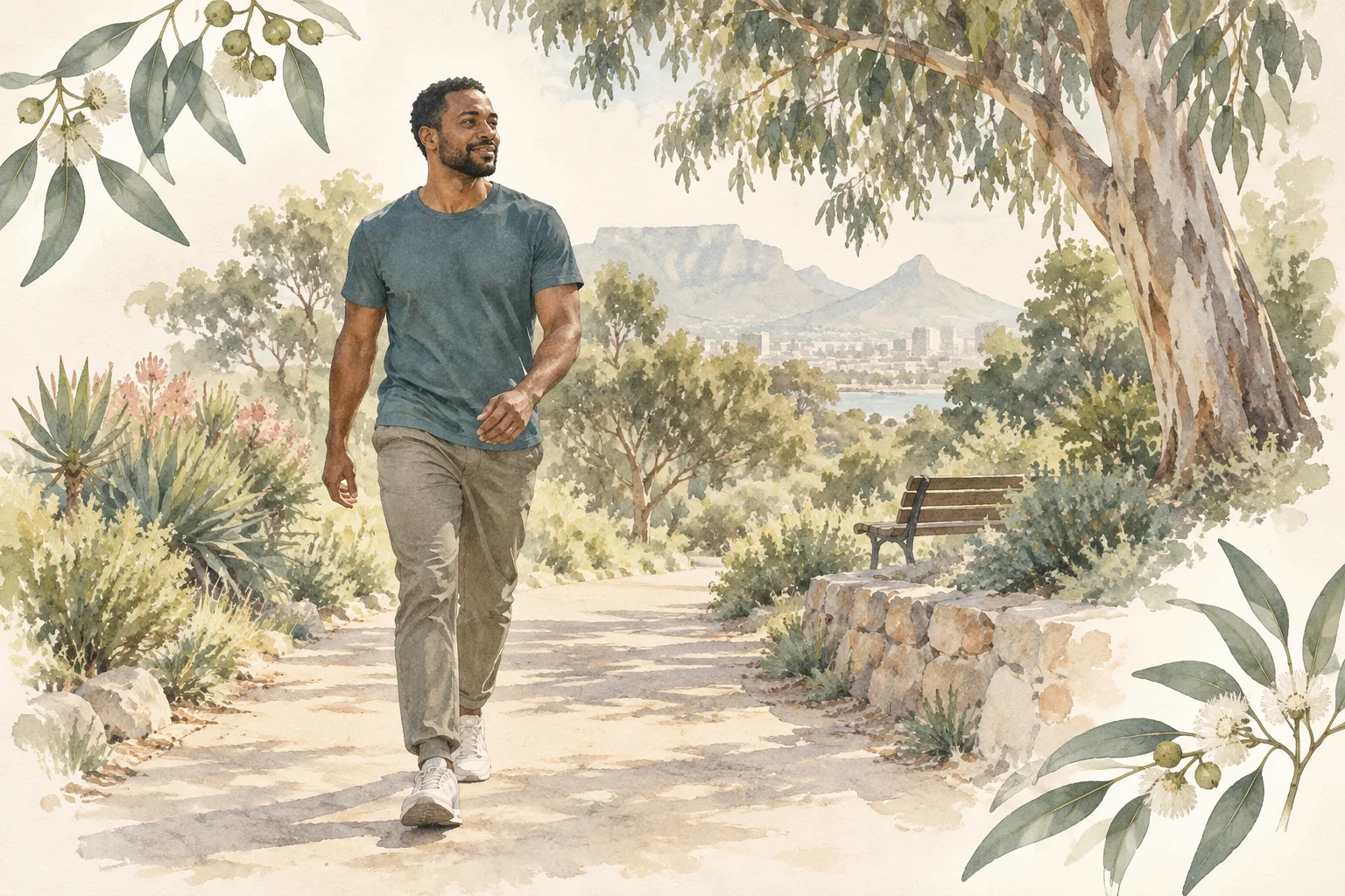 A man walking along a leafy park path in morning light, with Table Mountain in the distance