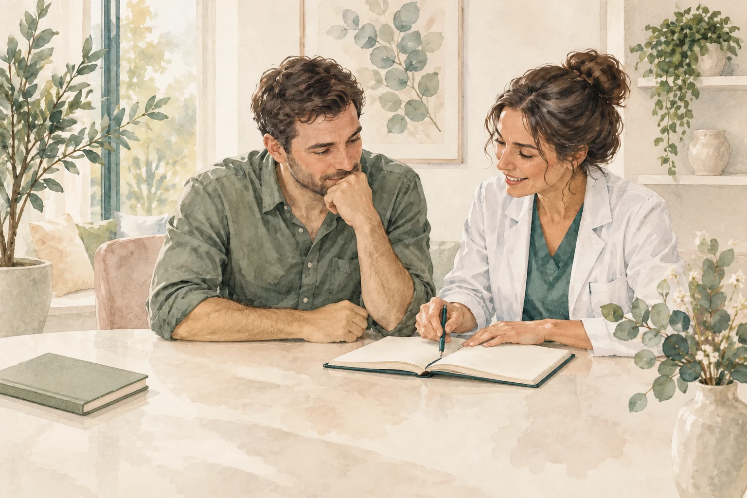 Watercolour concept of a male patient discussing a notebook with a clinician in a calm consultation room